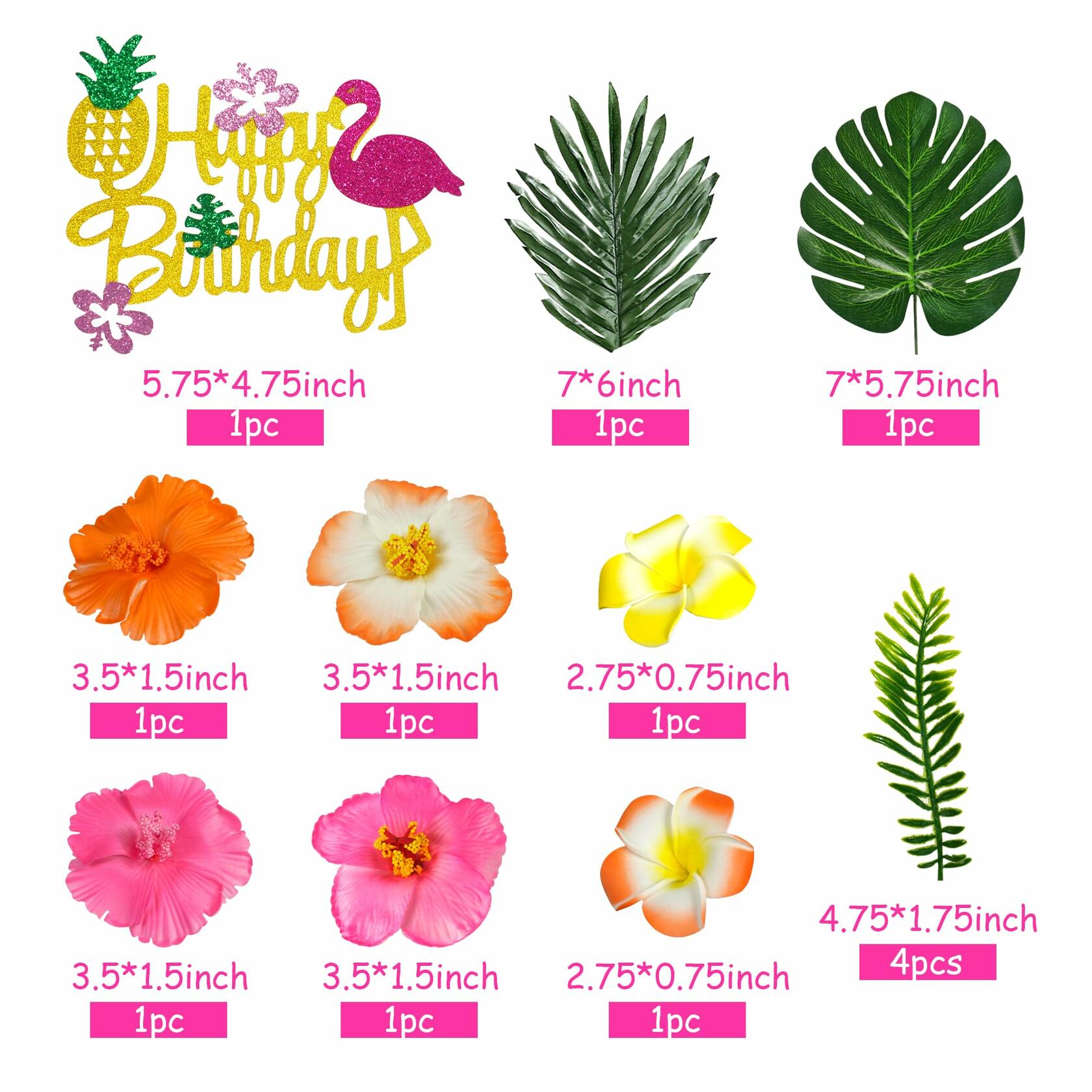 13pcs Hawaiian Flower Cake Toppers Palm Leaves Hibiscus Party Decor