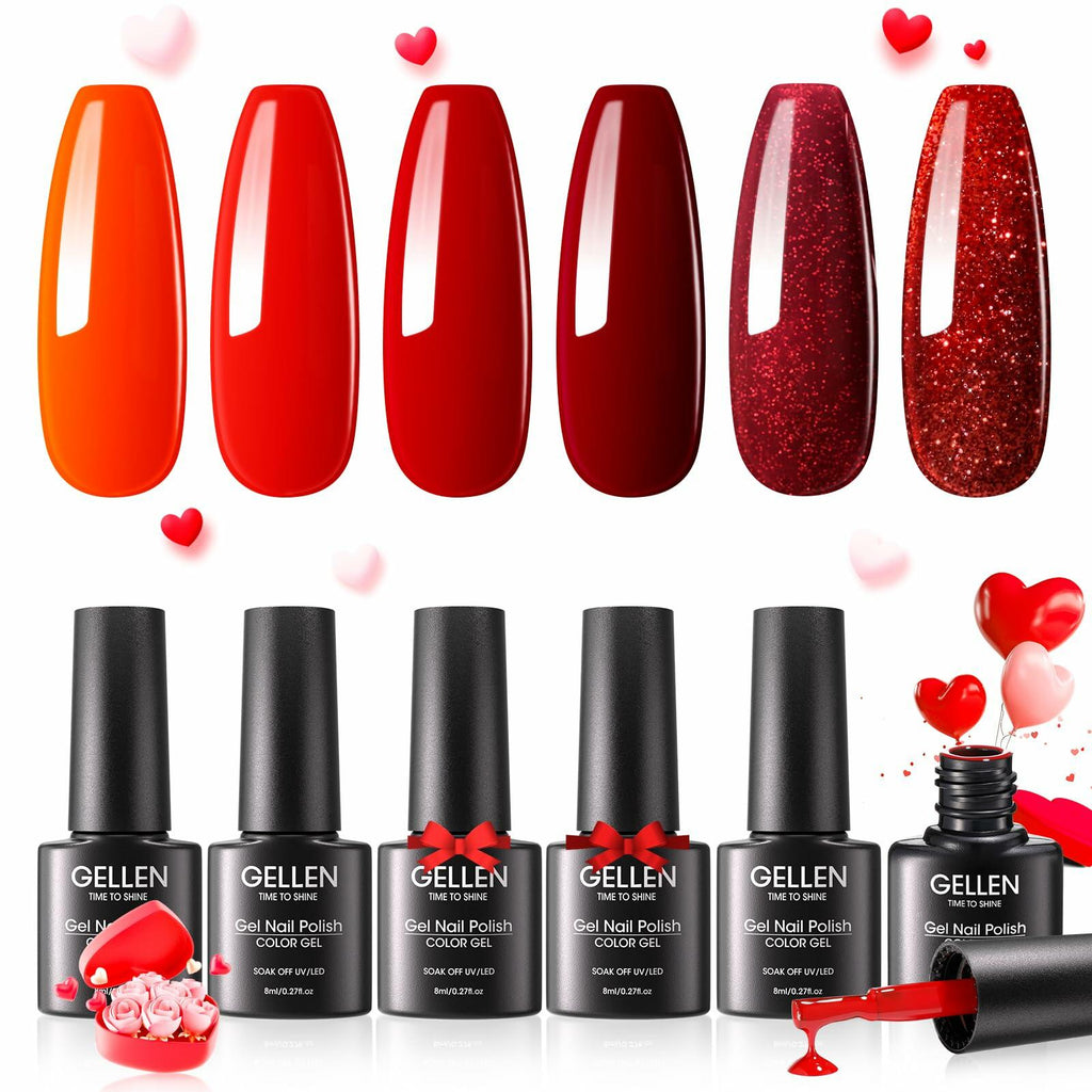 GELLEN Gel Nail Polish Set 6 Colors Burgundy Red Glitter Crimson Celebration