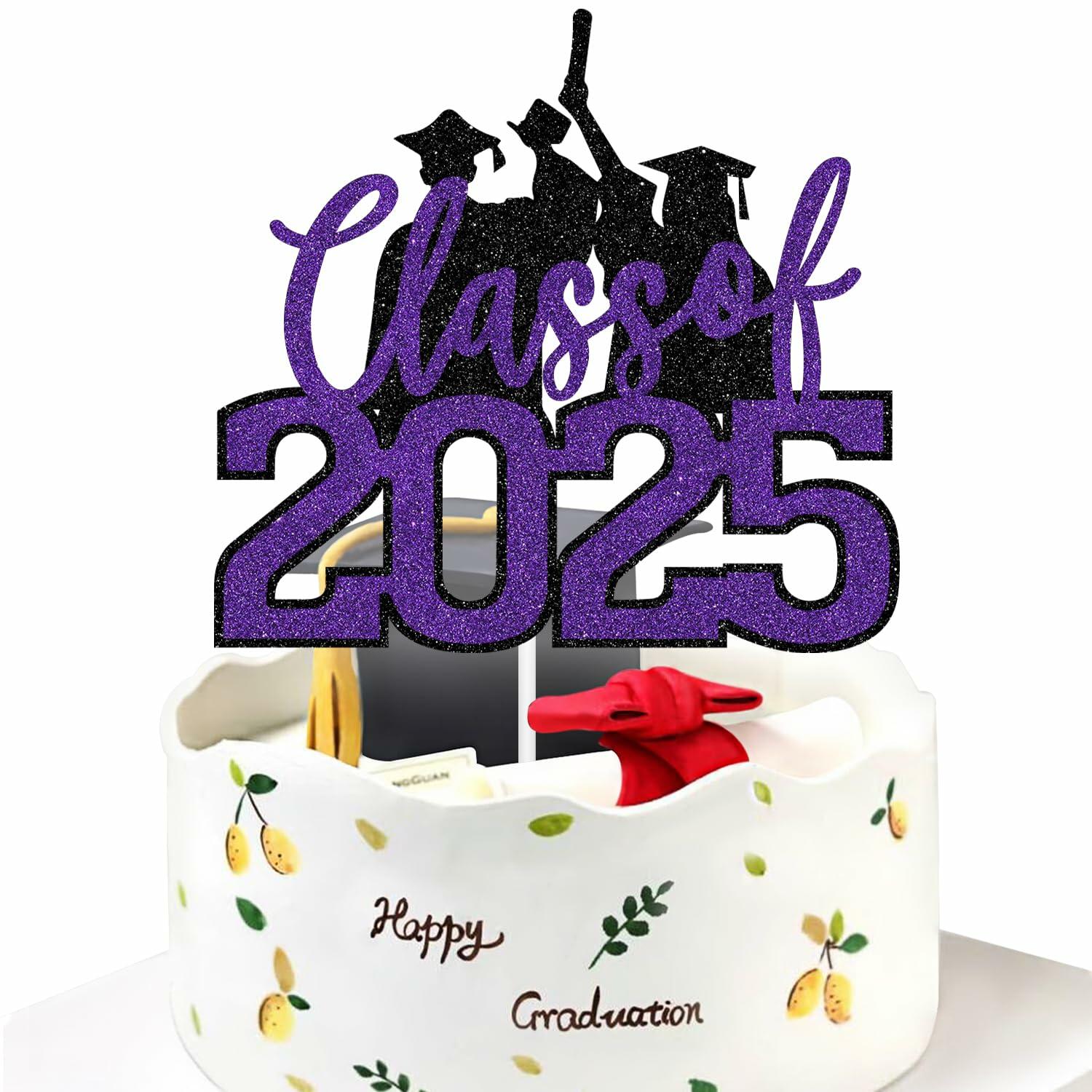 RLXPT Class of 2025 Cake Topper Congrats Grad Black Purple Glitter Foil