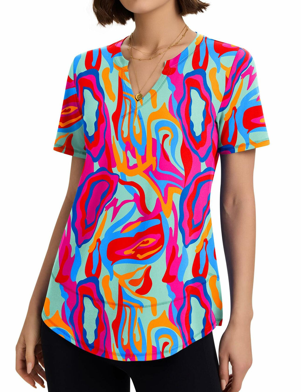 TCOT Women's Athletic Short Sleeve Gym Workout Shirt B Rose Red Printed Size 3XL