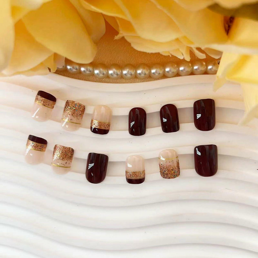 Brown Press On Nails Short Square Glitter Nude Brown Full Cover 24 Pcs