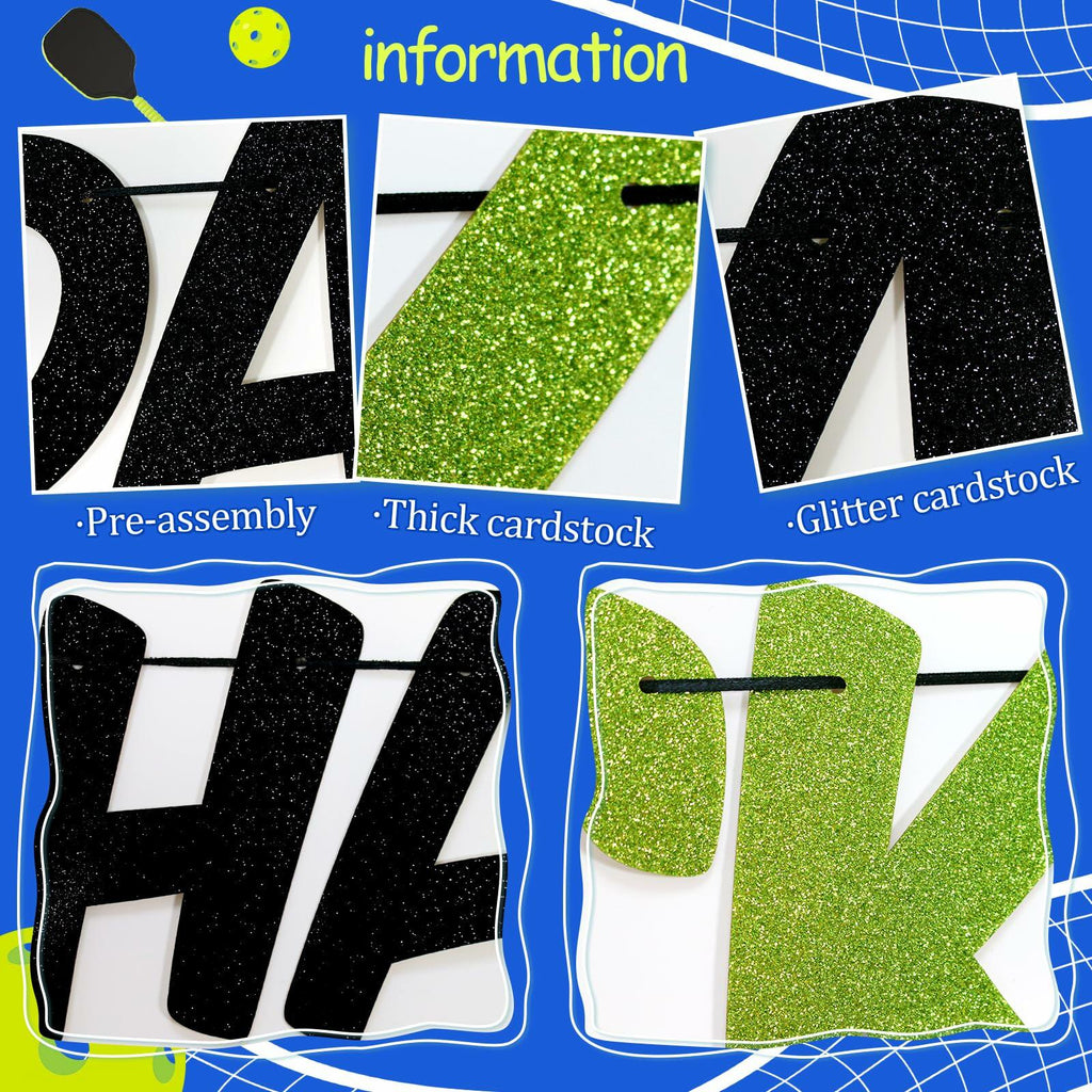 Little Man Happy Pickleball Day Banner Green Black Glitter Cardstock