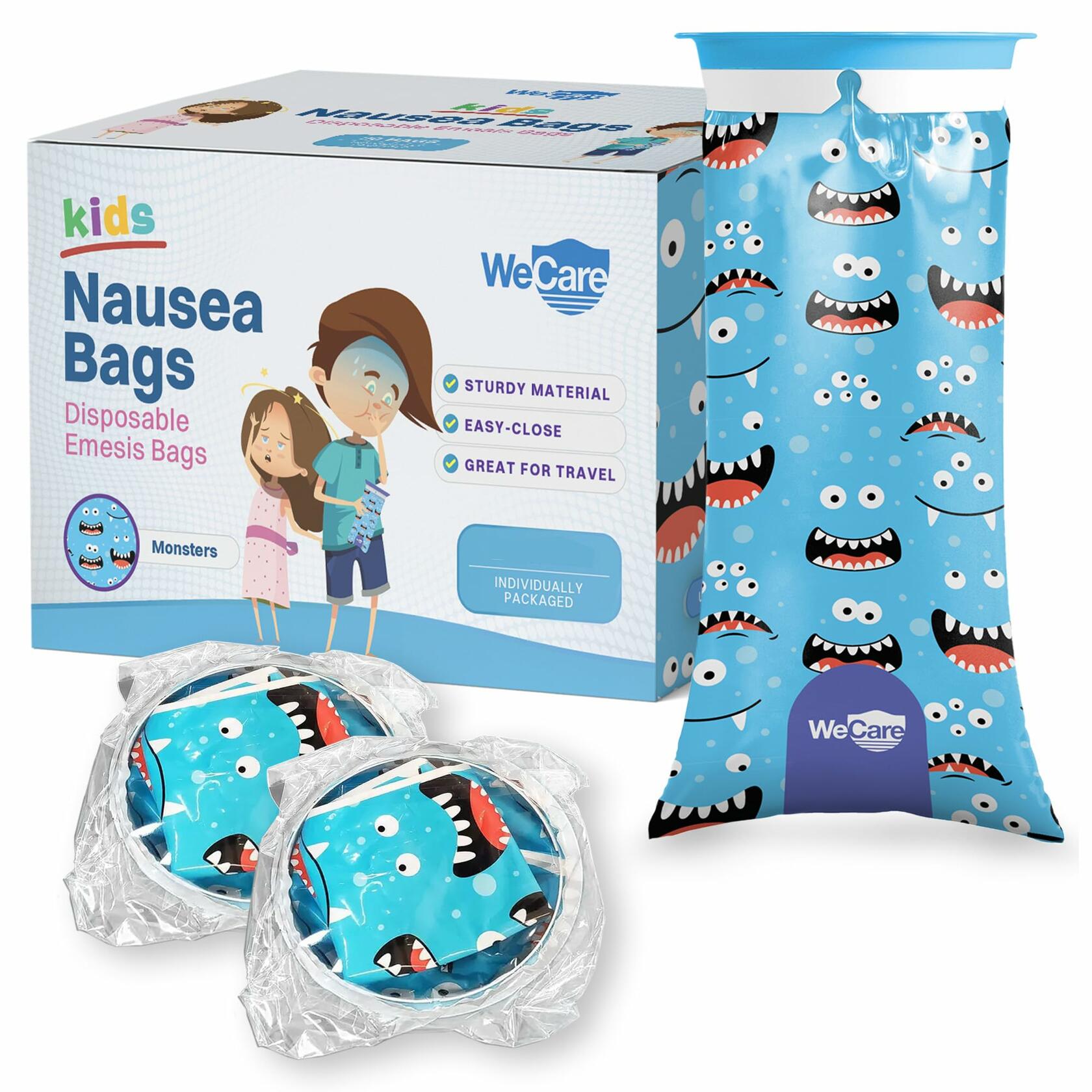 WECARE Kids Vomit Bags 5 Pack Disposable Leak Proof Self Sealing Monster Print