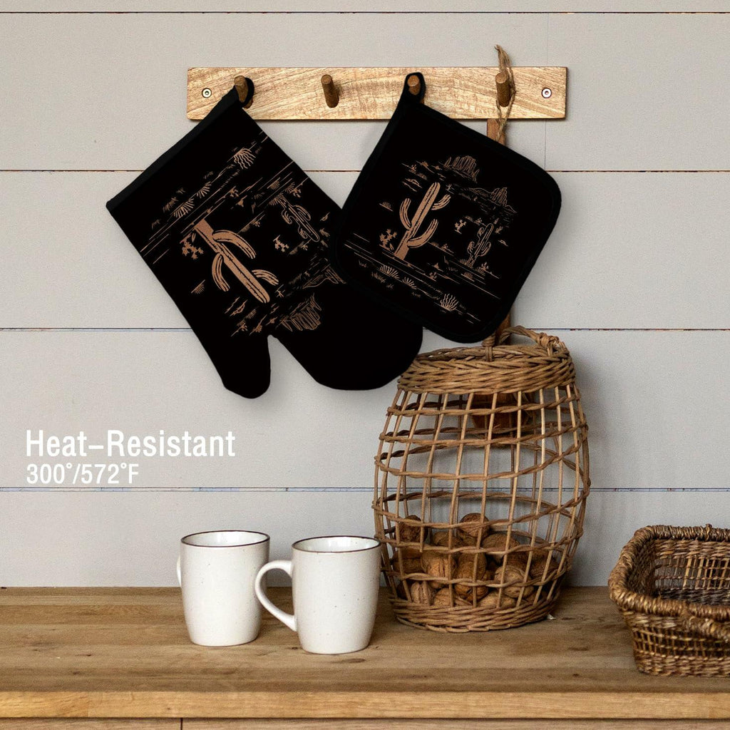 Qeheb Blue Western Cactus Oven Mitts and Pot Holders Set Kitchen Decor