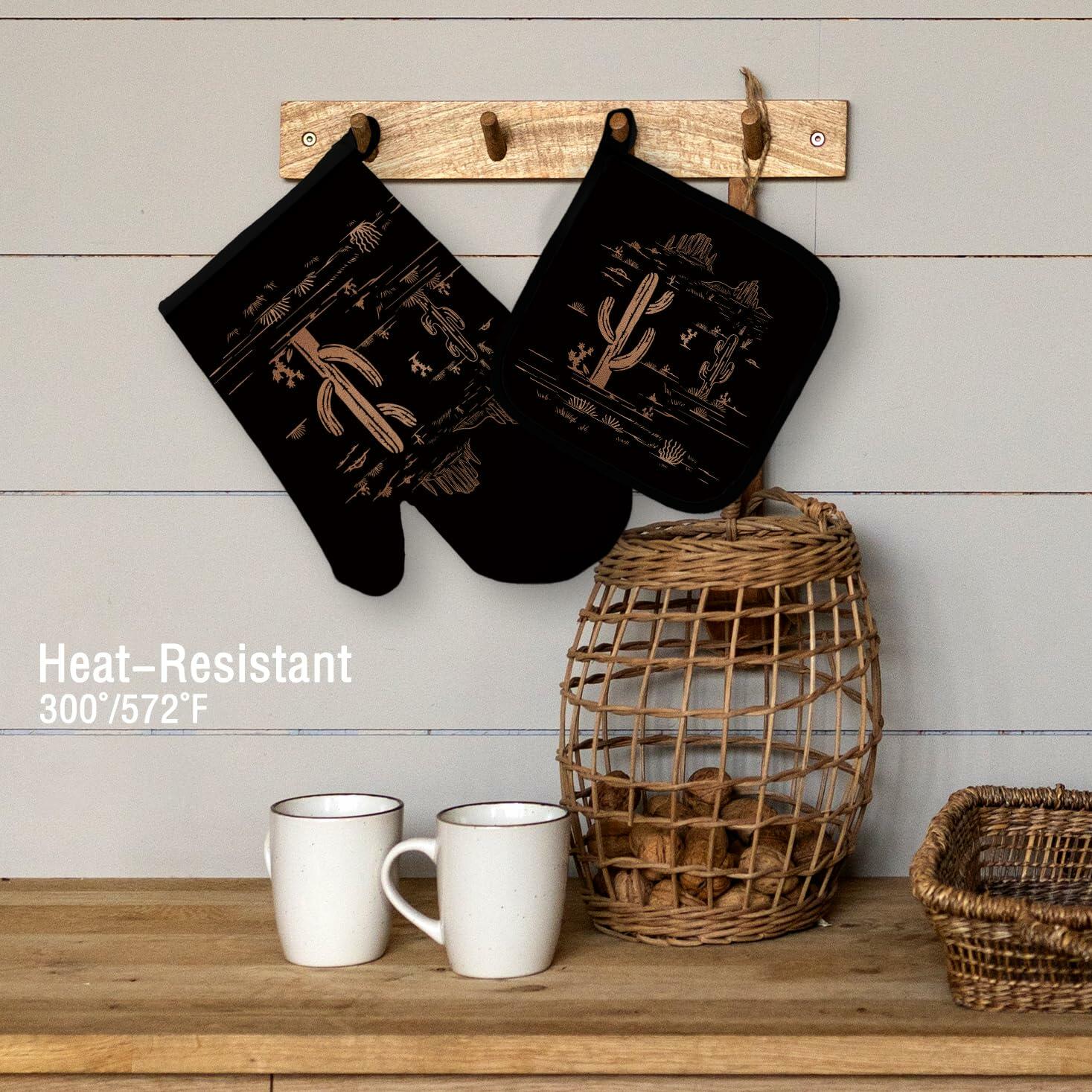 Qeheb Blue Western Cactus Oven Mitts and Pot Holders Set Kitchen Decor