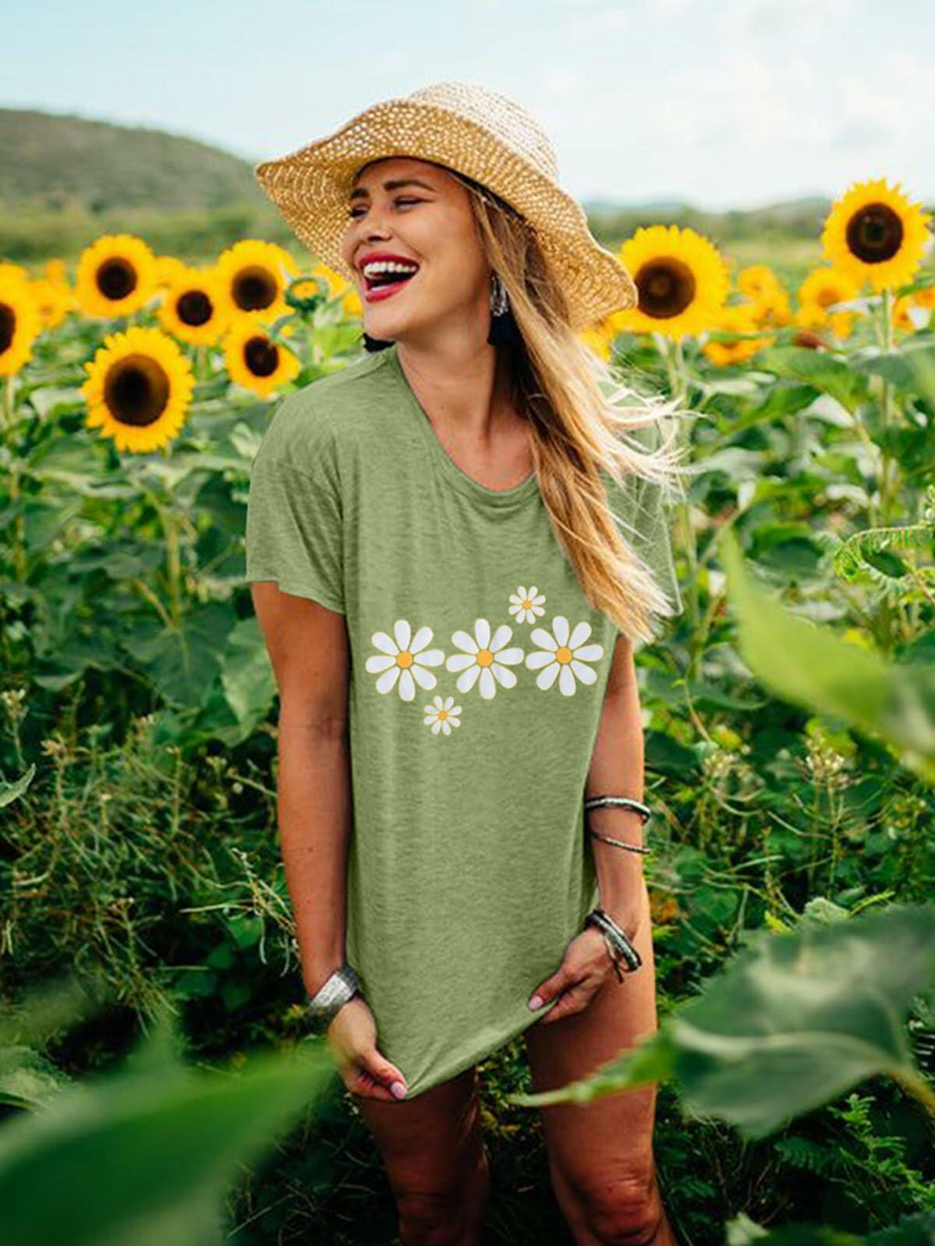 LUKYCILD Daisy Graphic Short Sleeve Summer Shirt Top Green Size M