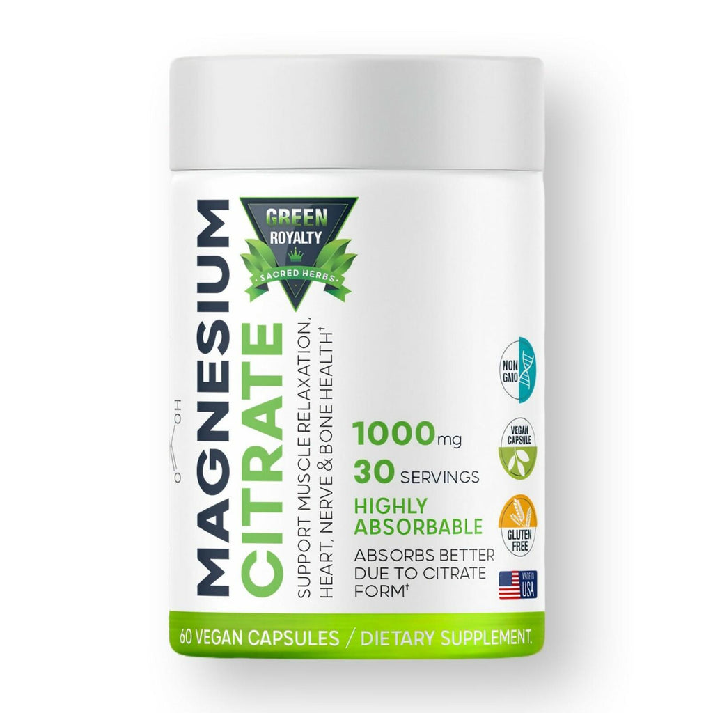 GREEN ROYALTY Magnesium Citrate 1000mg 60 Vegan Capsules Gluten Free USA