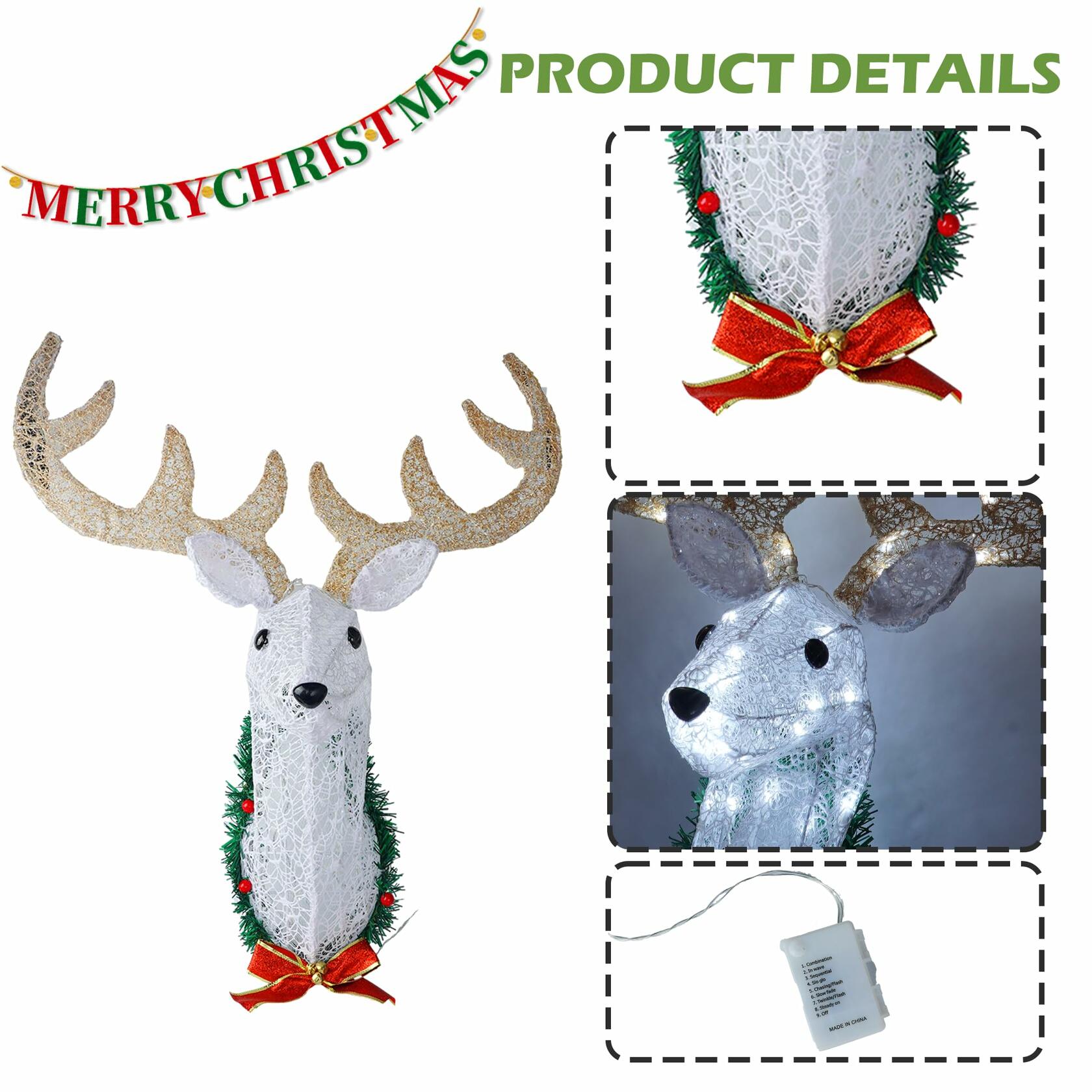 Hourleey 32" Lighted Christmas Reindeer Head Wall Decor Battery Operated White