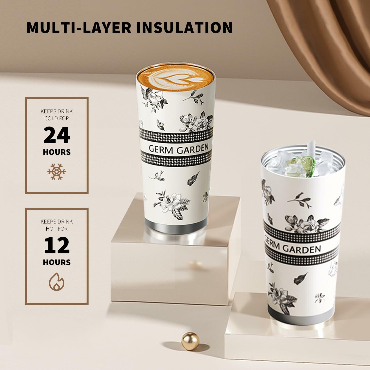 GERM 20oz Stainless Steel Tumbler Travel Mug Double Wall Leak Proof White