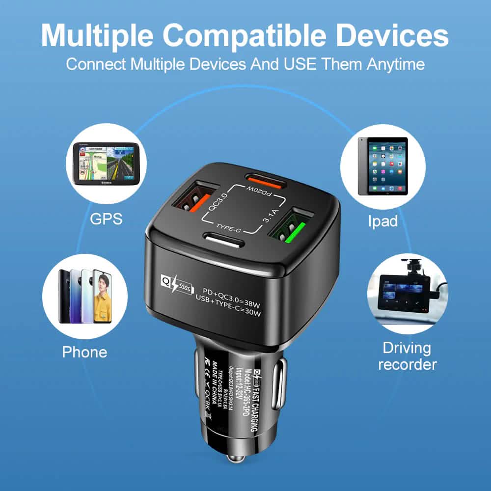 PBG 4 Port Car Charger and 4FT - 3 in 1 Nylon Cable Combo